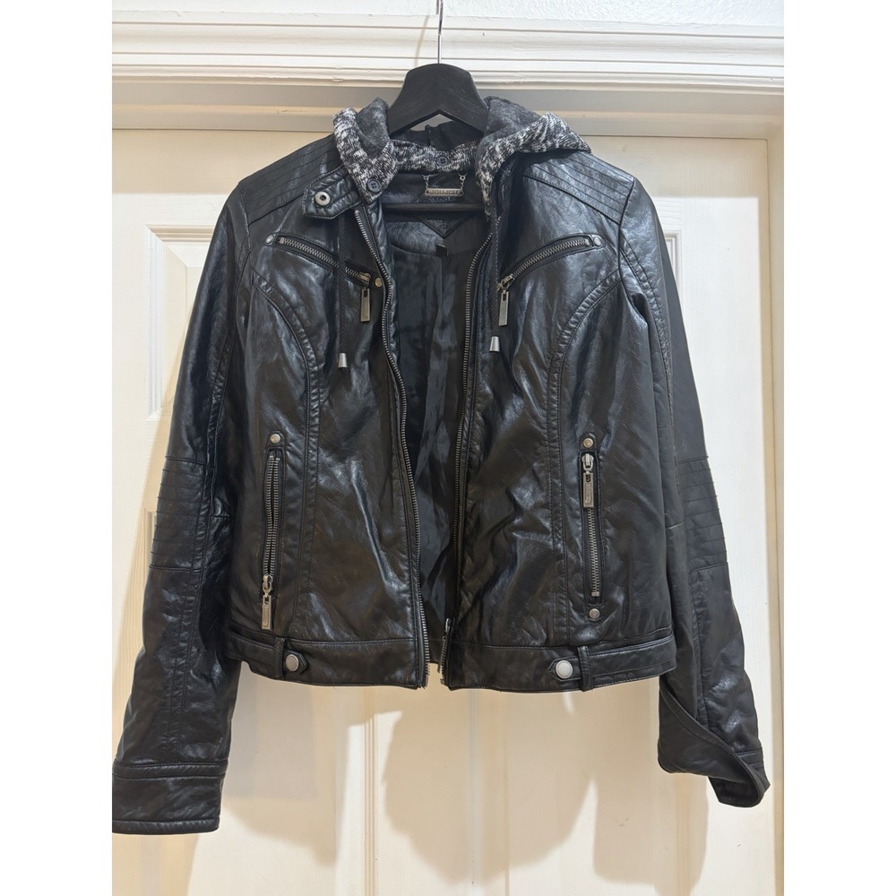 JouJou Black Faux Leather Moto Jacket with Knit Hood Women Motorcycle Biker